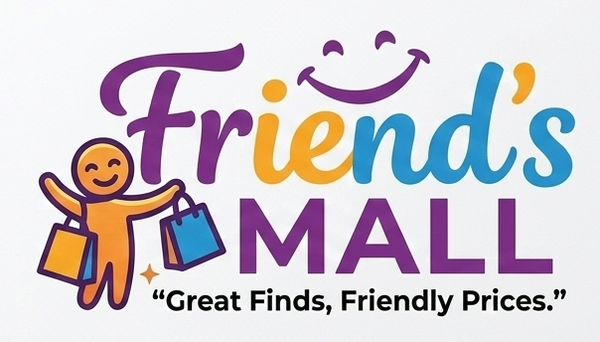 Logo of Friends Mall with a smiling character holding shopping bags on a white background.